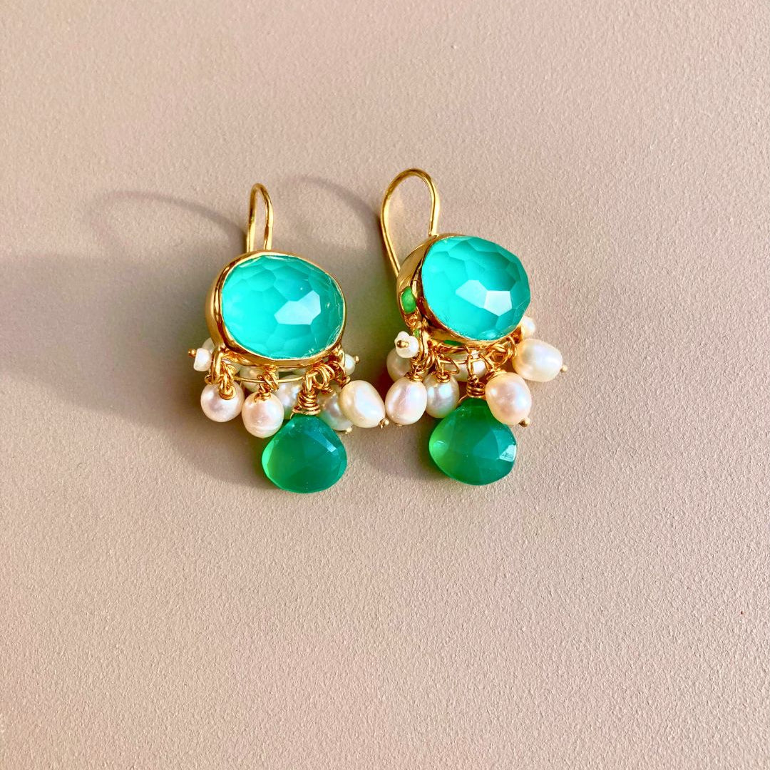 KERKYRA_boucles_d_oreille_en_pierre_verte_perle_amethyste_avec__boucle_en_argent_massif_et_or_24K