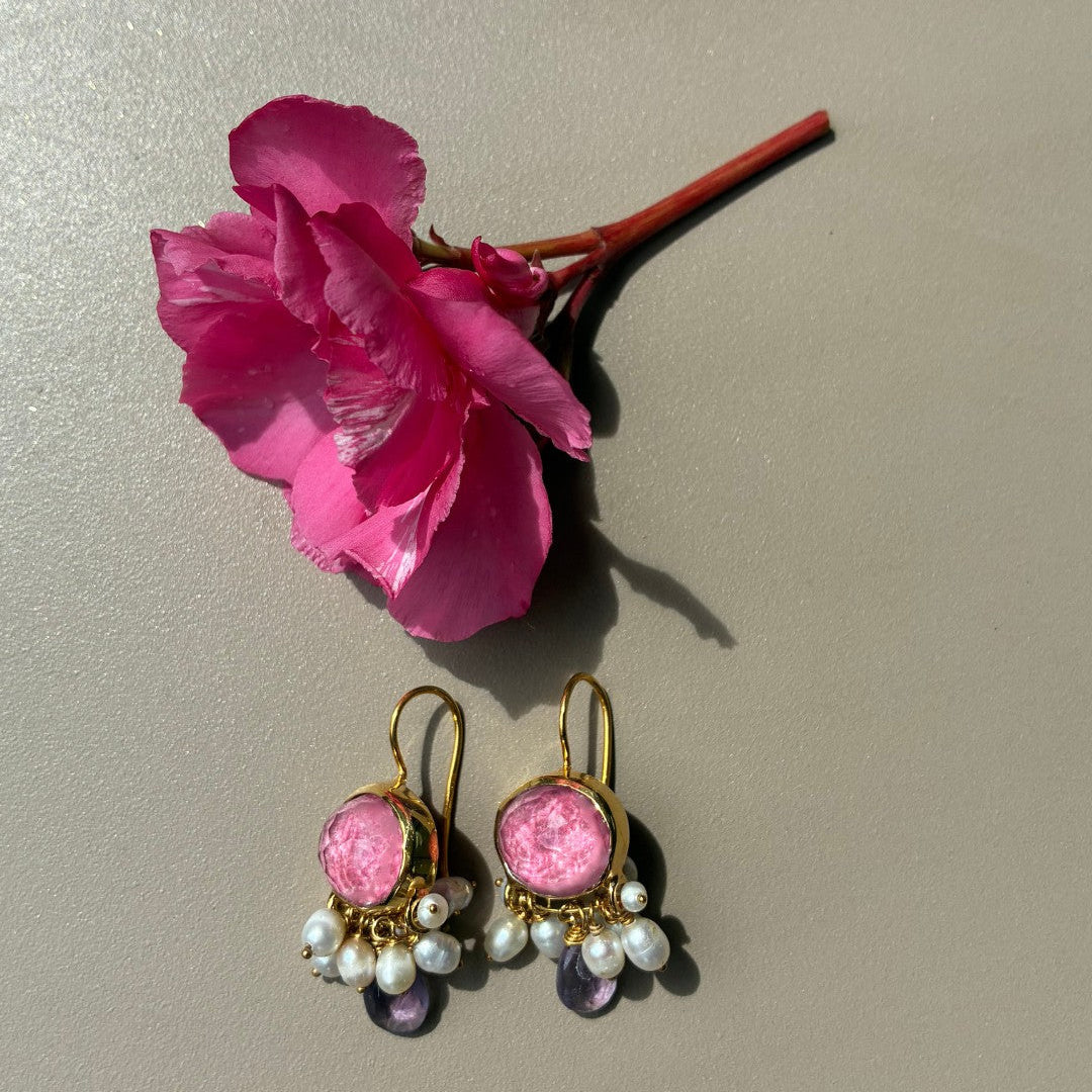 Kerkyra_Mymosaa_bijoux_de_Mediterranee_boucles_d_oreille_or_argent_rose_perles_amethyste_et_laurier_rose